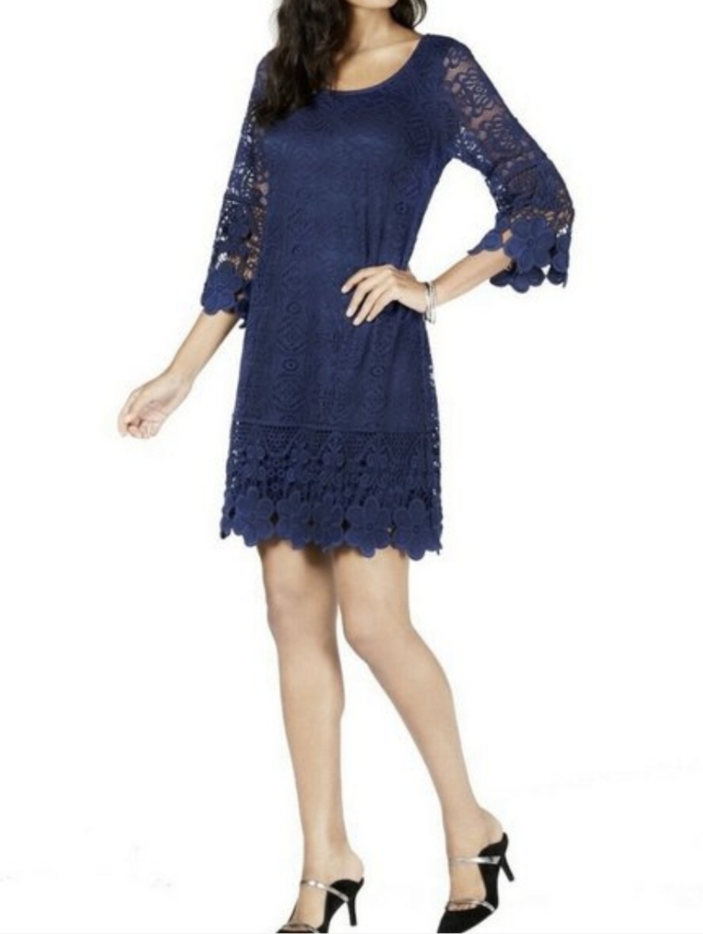 Alfani Navy Lace Crochet Bell Sleeves Boat Neck Feminine Dress Sz L